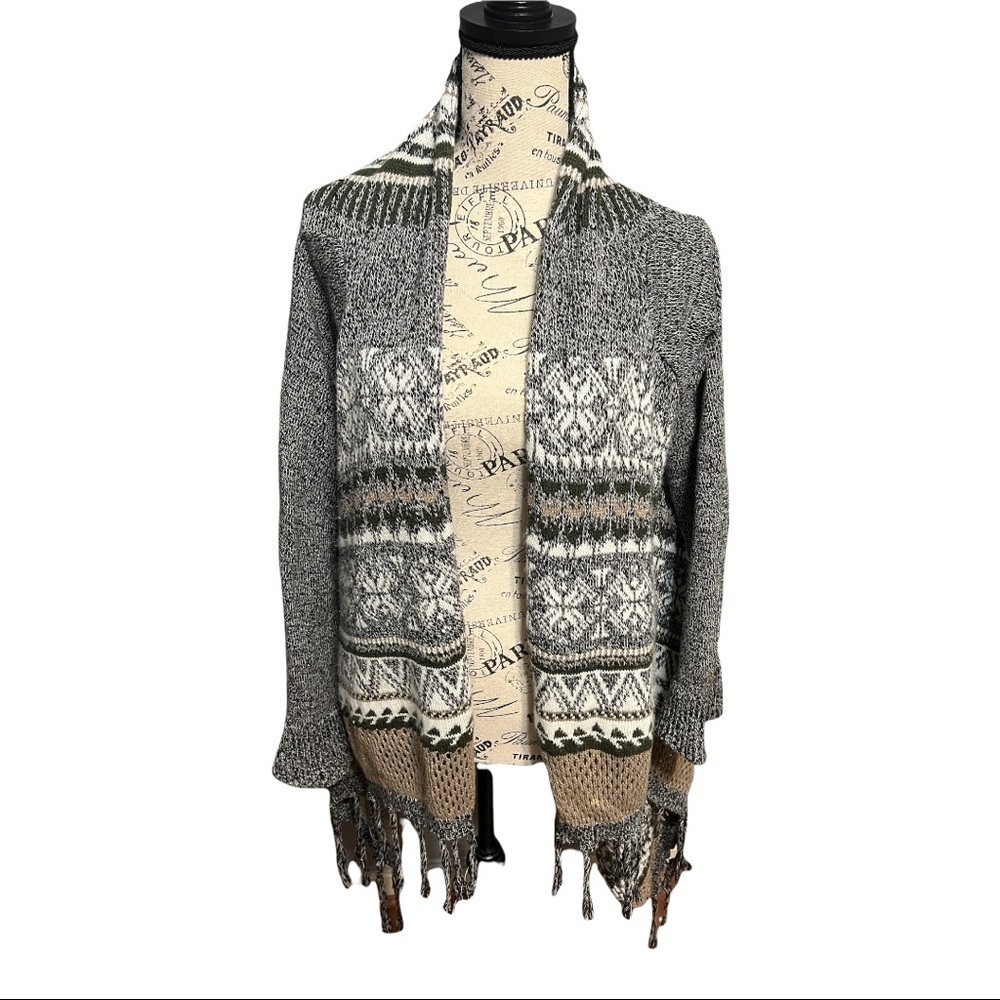 Dehavilland British Design Rustic Nordic Fringe Open Cardigan Sweater OS